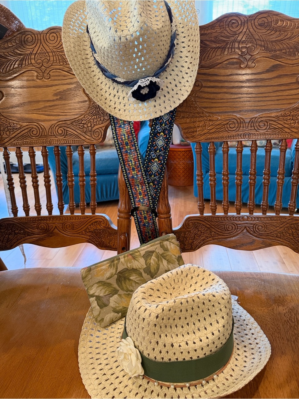 Ivory Straw/ paper Cowboy Hat with One of a kind Decorative Band OR clutch bag